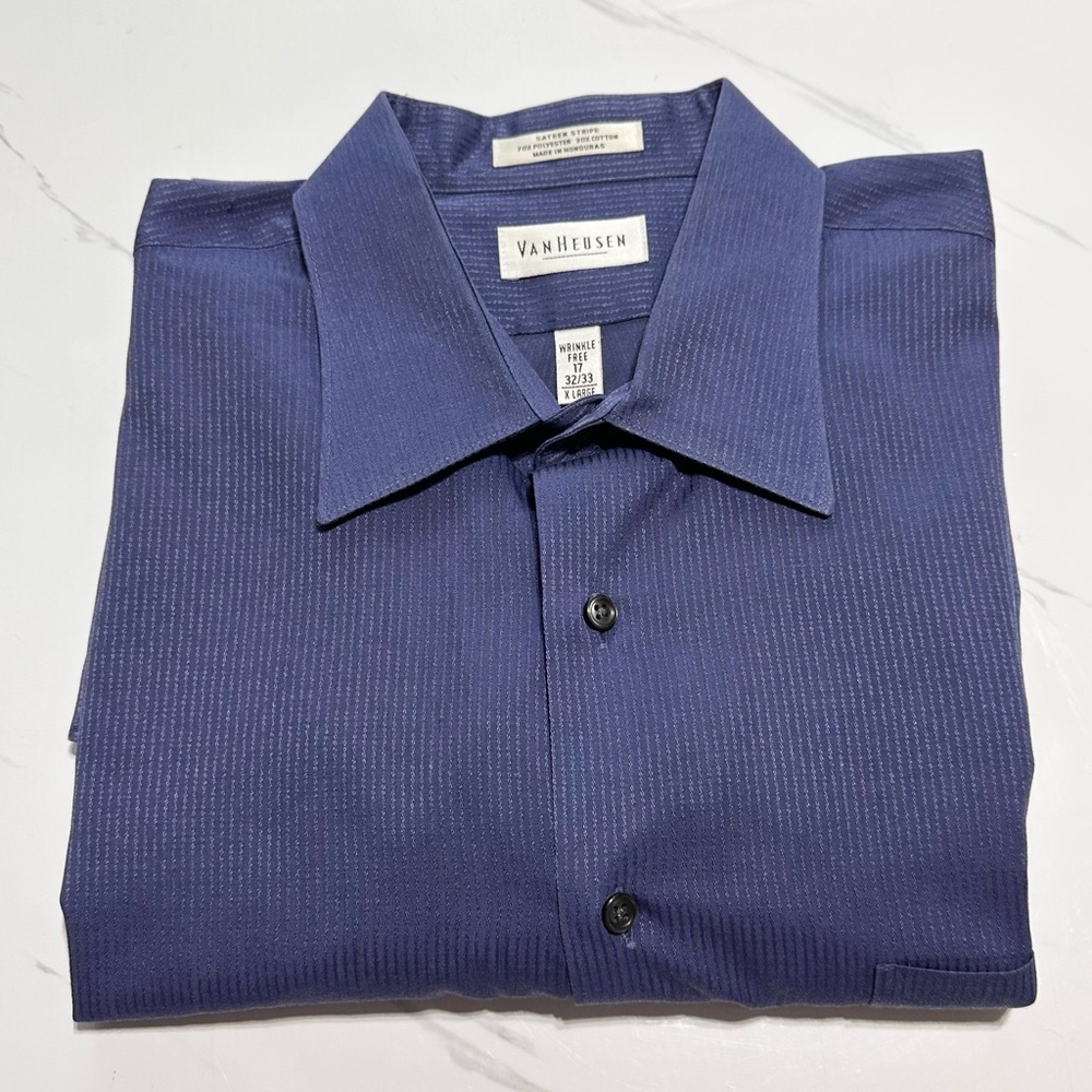 Van Heusen Navy Blue Sateen Stripe Wrinkle Free Long Sleeves Dress Shirt Sz XL